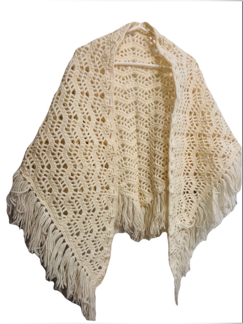 Cream Crochet Fringe Wrap Shawl - Women's Scarf
